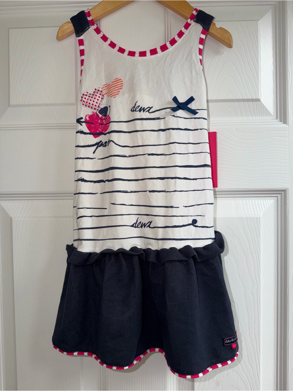 Nwt Deux Par Deux Stripe Heart Dress 3 | Denim Ruffle Navy Pink $53